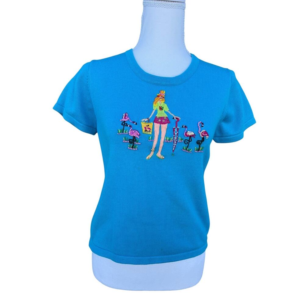 Jack B. Quick Flamingos Embroidered Beaded Sequins Knit T-Shirt Blue Size Small